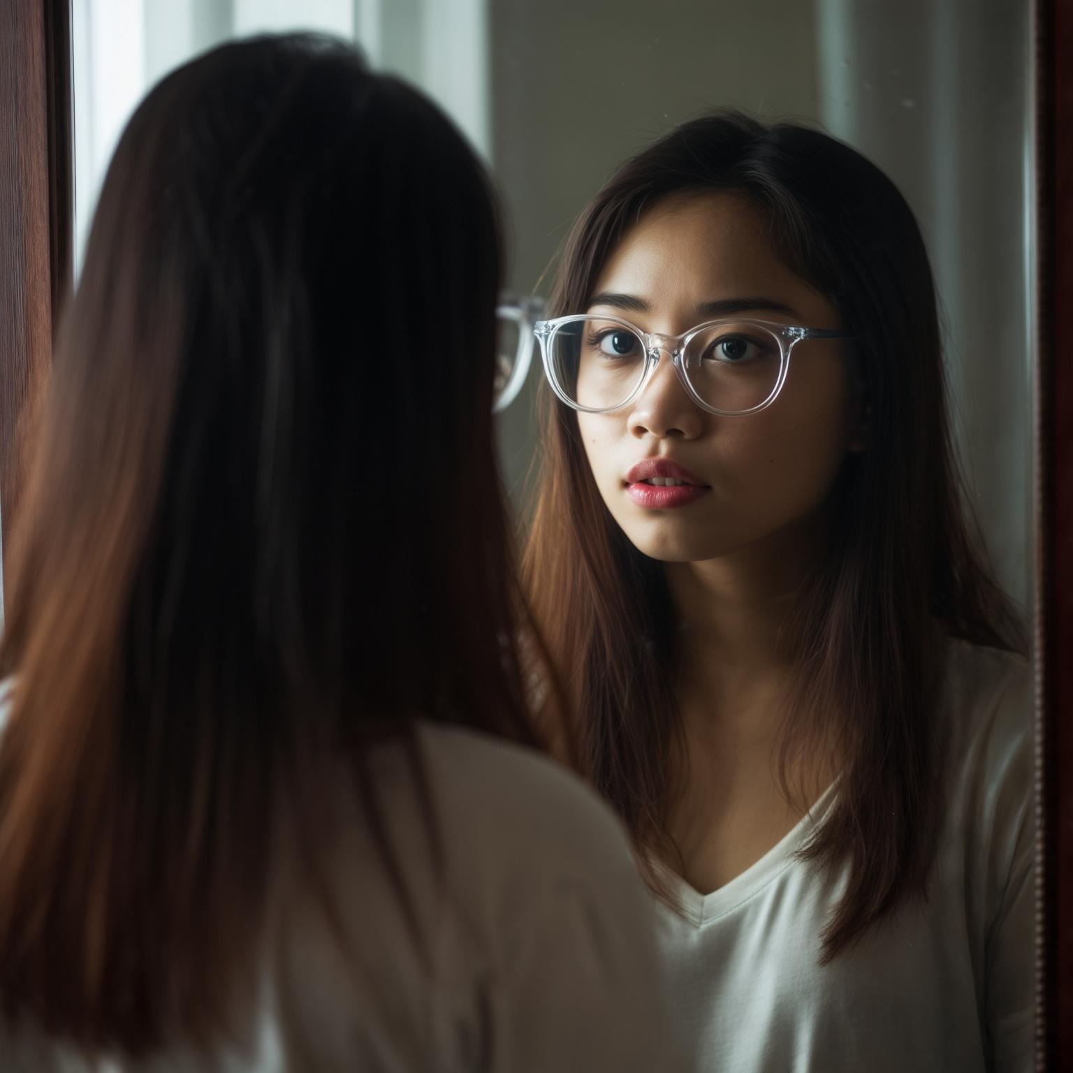 AI Image Generated by Luma Photon: Generate a mirror selfie of 23 year old attractive pale filipina girl, pale skin, long-medium dark brown hair, with clear glasses, realistic in natural light.
