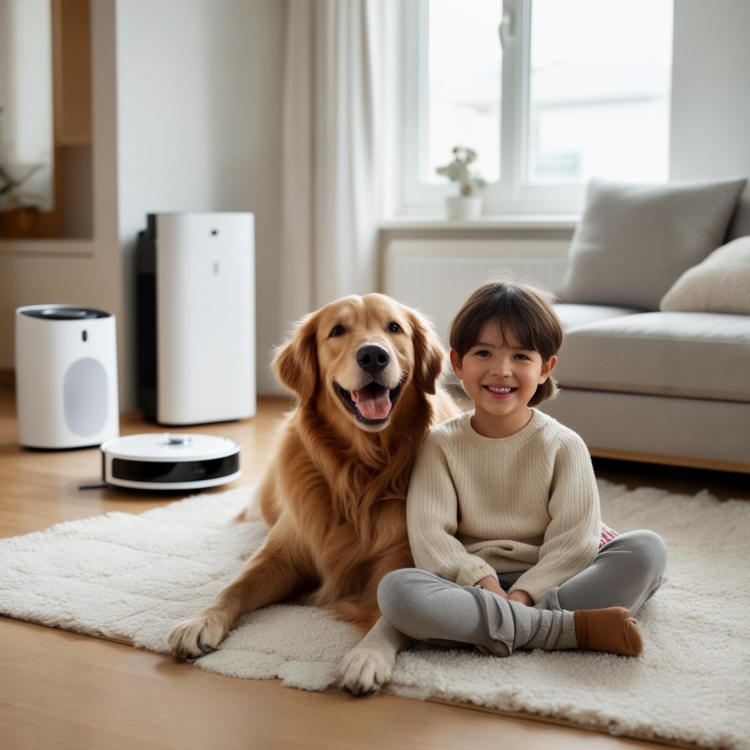 AI Image Generated by Luma Photon: A bright and cozy living room featuring an air purifier and a robot vacuum cleaner. In the center of the room, a cheerful Golden Retriever and a happy child are smiling together, radiating warmth and joy. The living room is modern and clean, with minimalistic furniture and soft lighting that complements the serene and welcoming atmosphere. The focus is on the bond between the child and the dog, with the air purifier and robot vacuum subtly placed in the background to add context.