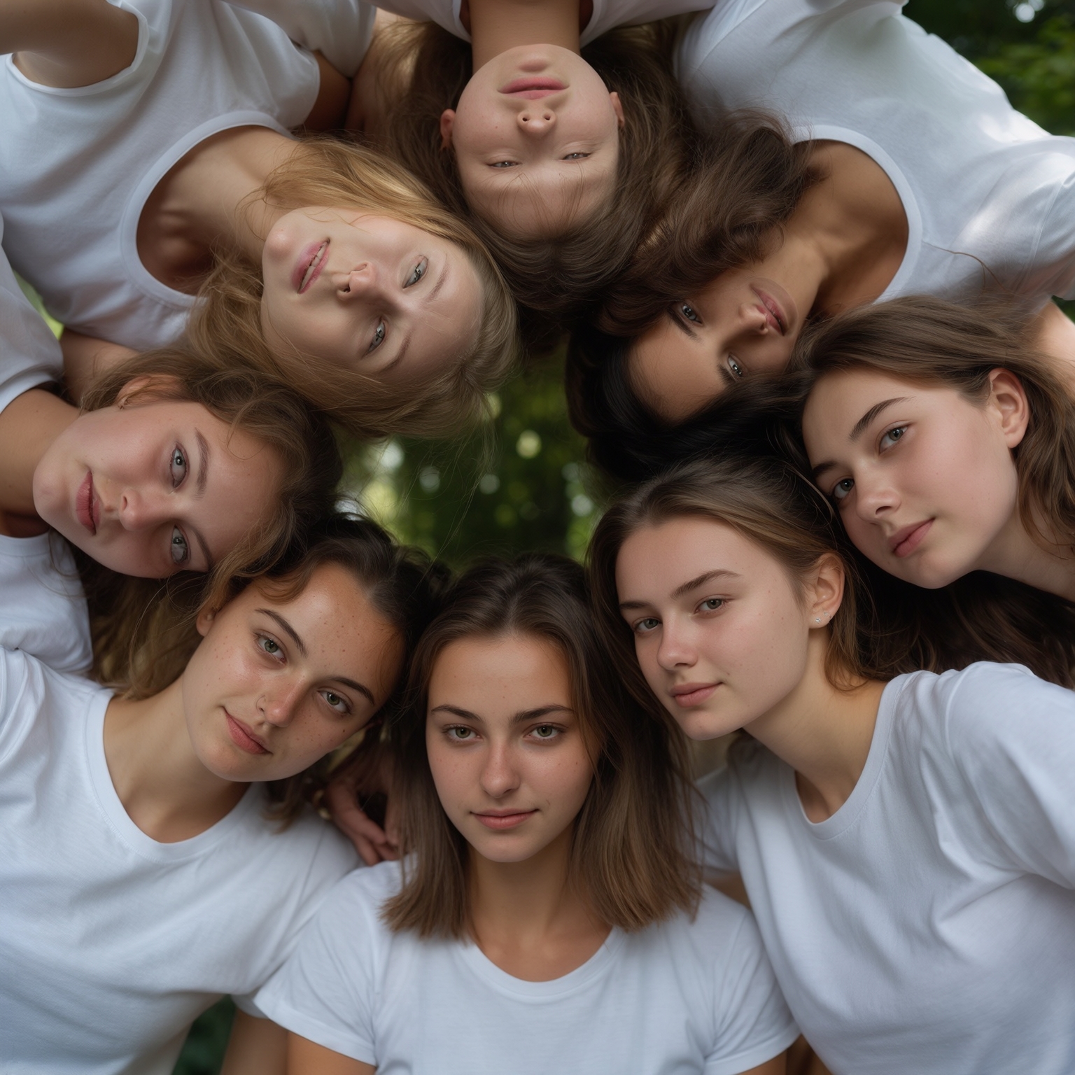 AI Image Generated by Luma Photon: All crown lesbians 18 year old European from around the world in white t-shirts formed a cuddled circle