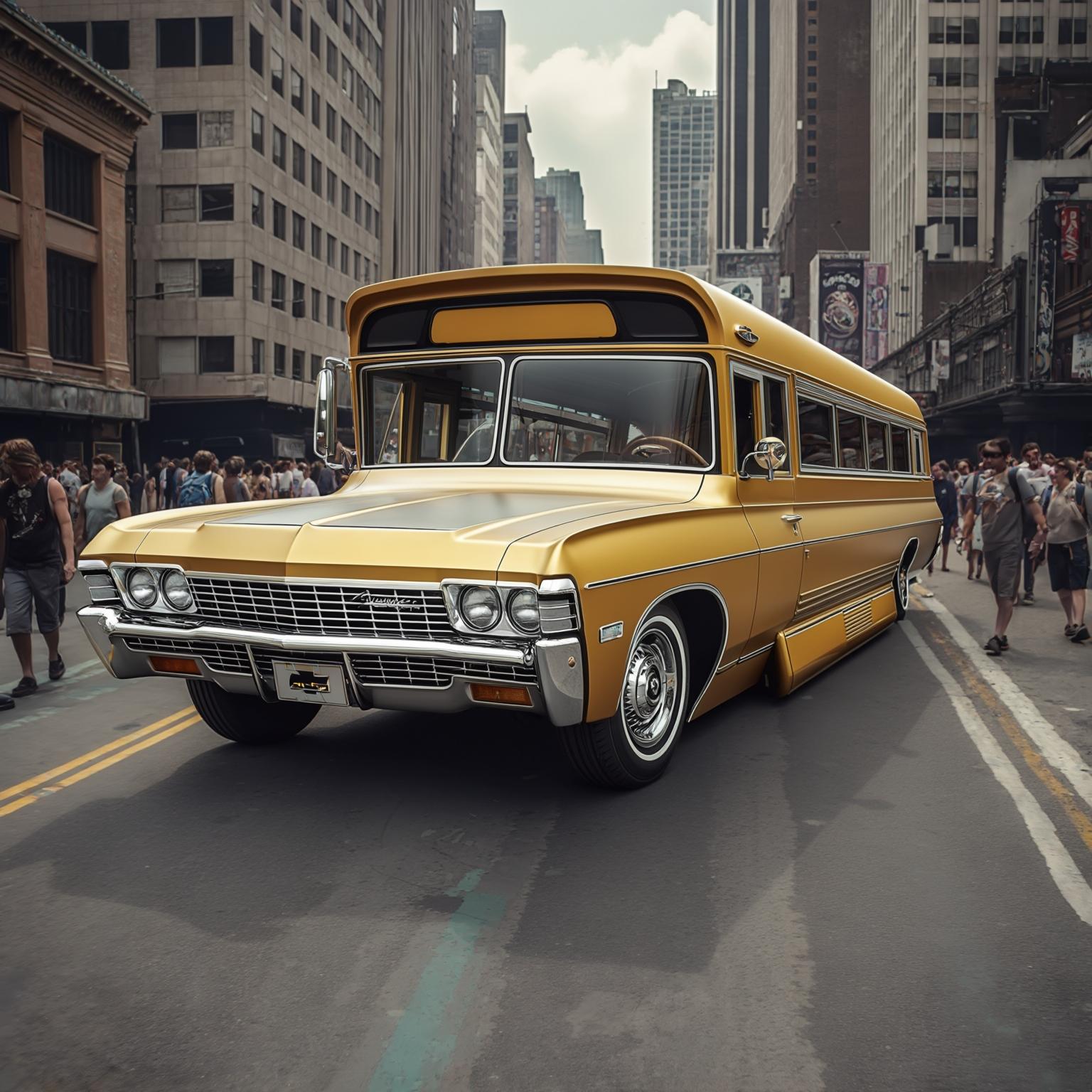AI Image Generated by Luma Photon: Chevrolet Impala 1968 city bus version, Including the entire body