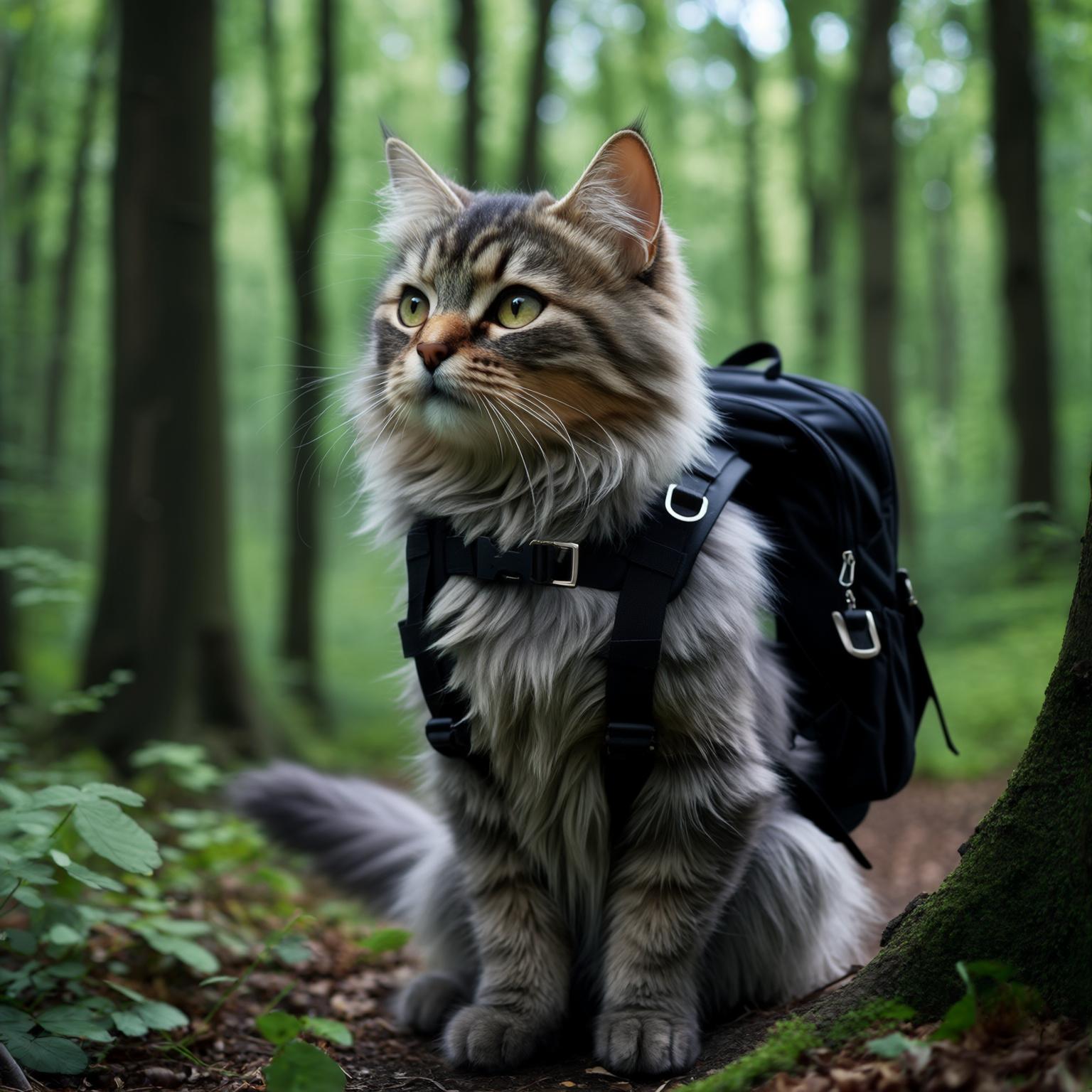 AI Image Generated by Luma Photon: Generate an image of a cat in the forest with a black backpack realistic