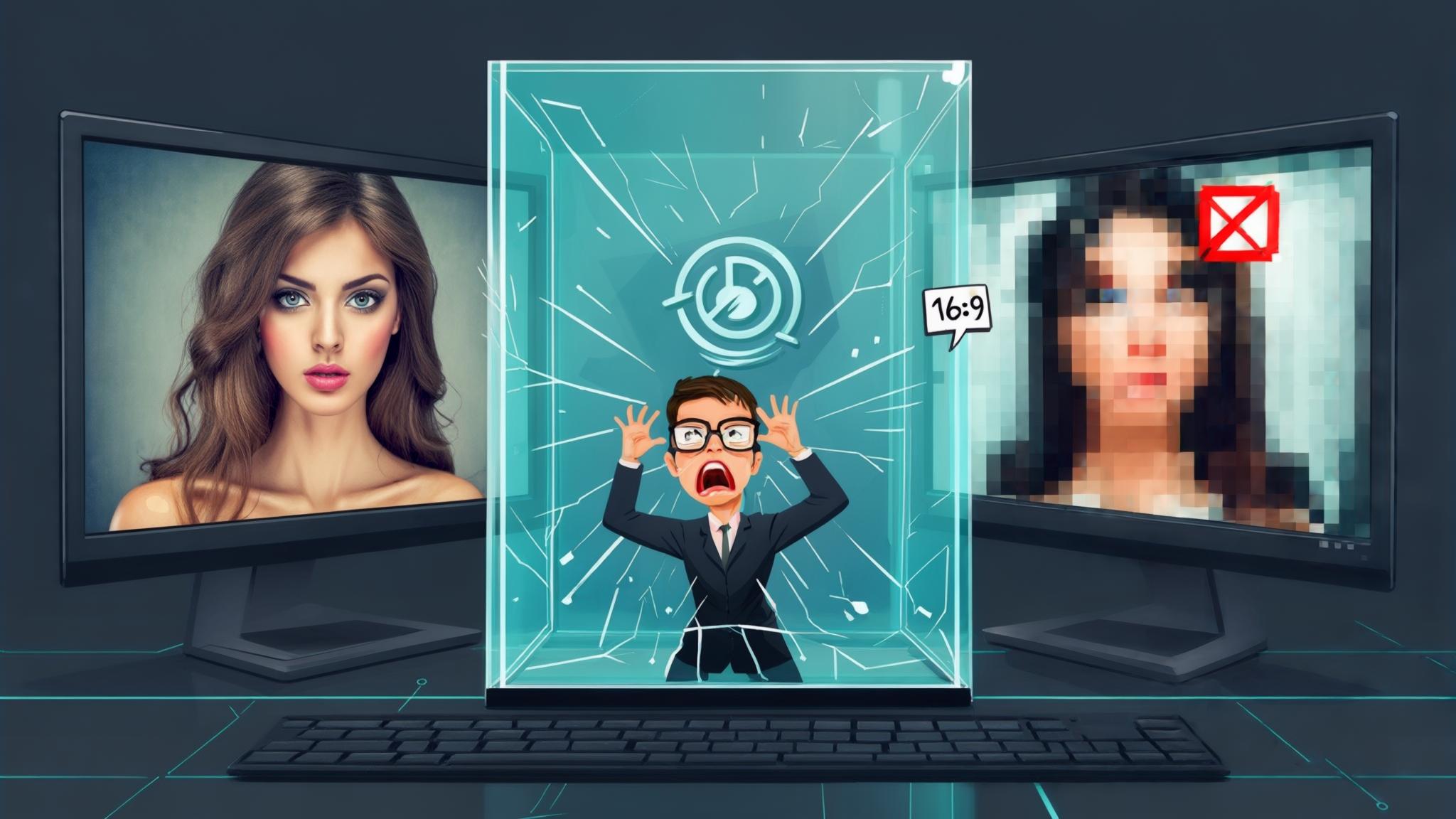 AI Image Generated by Luma Photon: Erstelle ein symbolisches, futuristisches Bild, das die digitale Ungleichheit bei KI-Bildgeneratoren visualisiert. Zeige zwei Bildschirme nebeneinander: auf dem linken Bildschirm eine hübsche sexy Frau erstellt mit Google Imagen 3 und auf dem rechten Bildschirm eine hübsche Frau, jedoch verpixelt, mit Fehlermeldung und einem durchgestrichenen 16:9-Symbol. Zwischen den Bildschirmen steht eine gläserne Mauer mit dem Google-Logo. Im Vordergrund ein wütenderer Kreativprofi mit Brille, der verzweifelt versucht, die Mauer zu überwinden.