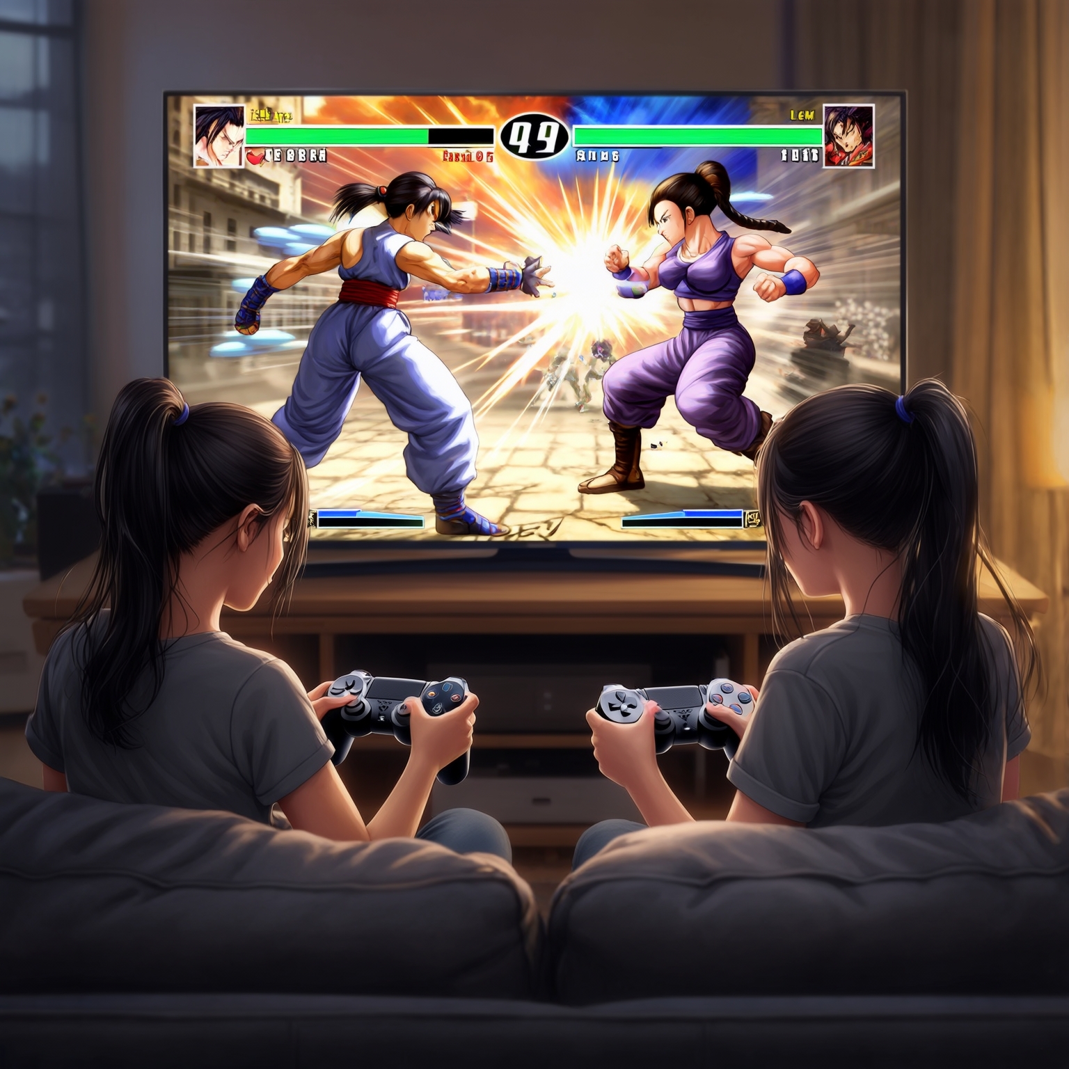 AI Image Generated by Luma Photon: Elena et Chun-Li en t-shirt gris jouer a la ps5 ensemble styles Street Fighter manga anime