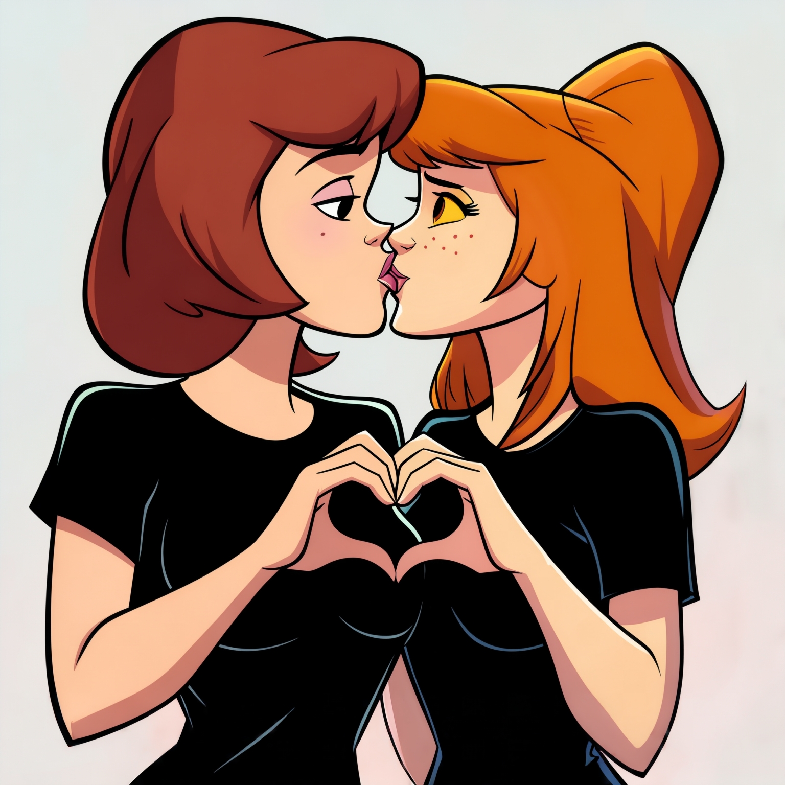 AI Image Generated by Luma Photon: Lesbiennes en t-shirt noir velma dinkley et Daphne Blake faire un cœur avc leur deux mains être amoureuse et resté amoureuse pour toujours et s'embrasser sur la bouche styles Scooby-doo hanna-barbera