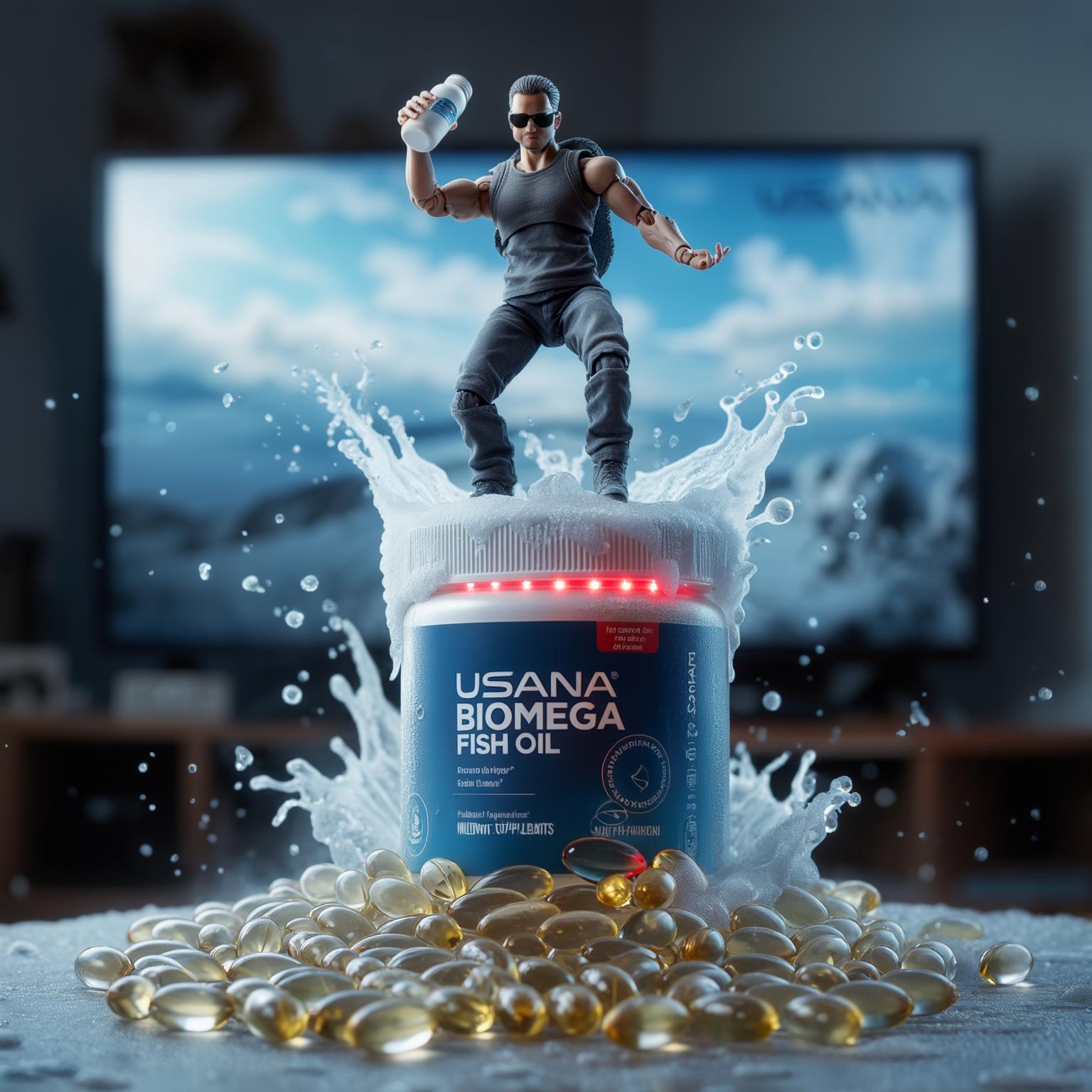 AI Image Generated by Luma Photon: A hyper-realistic action figure of same person in image wearing sunglasses striking a dynamic, mid-action pose—one knee bent, arm raised as if ready to strike or leap—perched on a pile of Usana biomega fish oils capsules. The capsules are clear, stacked unevenly, creating a chaotic but sturdy platform. This pile rests atop an elaborate USANA-blue-white-themed pedestal. Action figure should have one Usana biomega fish oil bottle on one hand.
The pedestal is cylindrical, designed like a chilled Usana supplement bottle
with frost and condensation. Embedded into its sides are translucent multivit supplement pills that glow faintly from internal red LED lights. USANA logos, vintage and modern, wrap around the pedestal, giving it a nostalgic yet modern fusion.
Towering behind the figure is a massive, oversized Usana supplement bottle—three times the height of the figure—angled as if bursting out of the ground. Fish oils splashes
dramatically around it, frozen in midair, as if the can has just emerged or crashed into the scene. The splash arcs around the figure, creating a powerful and energetic backdrop that emphasizes motion and impact.
Lighting is cinematic, with dramatic highlights and shadows, emphasizing metallic textures, condensation, and the glossy blue white surface of the USANA bottles. The overall color palette is sky blue and white (USANA theme)
Place it on a table and in the blurred background (a room with a TV playing a game from the 90s, create a cozy and comfortable environment and others action figures blurred out) only the doll and its base are in focus and with soft lighting. Over style should be power full. Action figures face please refer to attachment.
Format: 1080x1920