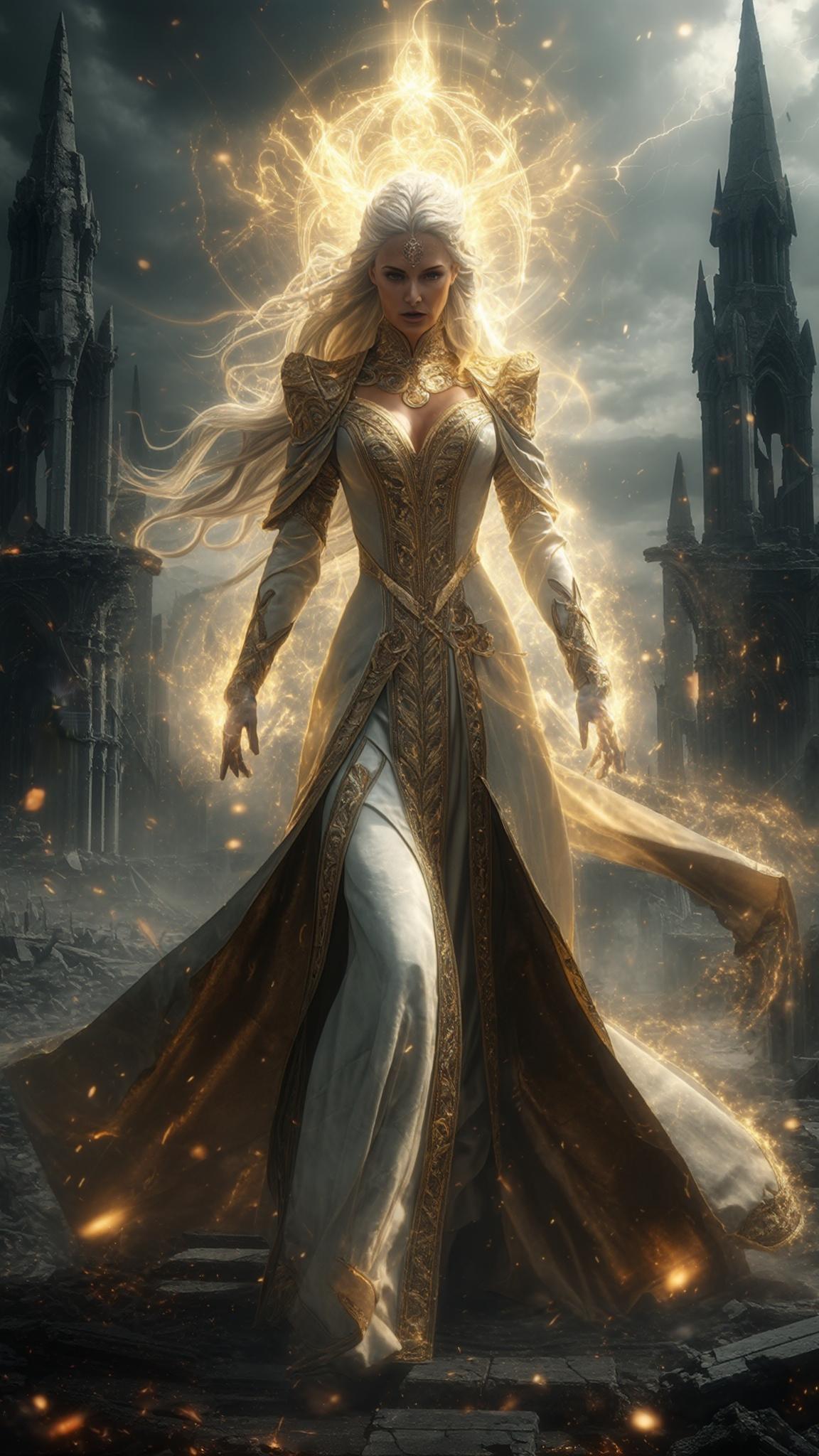 AI Image Generated by Luma Photon: A powerful portrayal of a radiant warrior goddess in ornate traditional attire, standing resolutely amid the ruins of a celestial battleground. Her fierce expression and supernatural glow contrast with the dark, gothic devastation around her, symbolizing divine retribution.