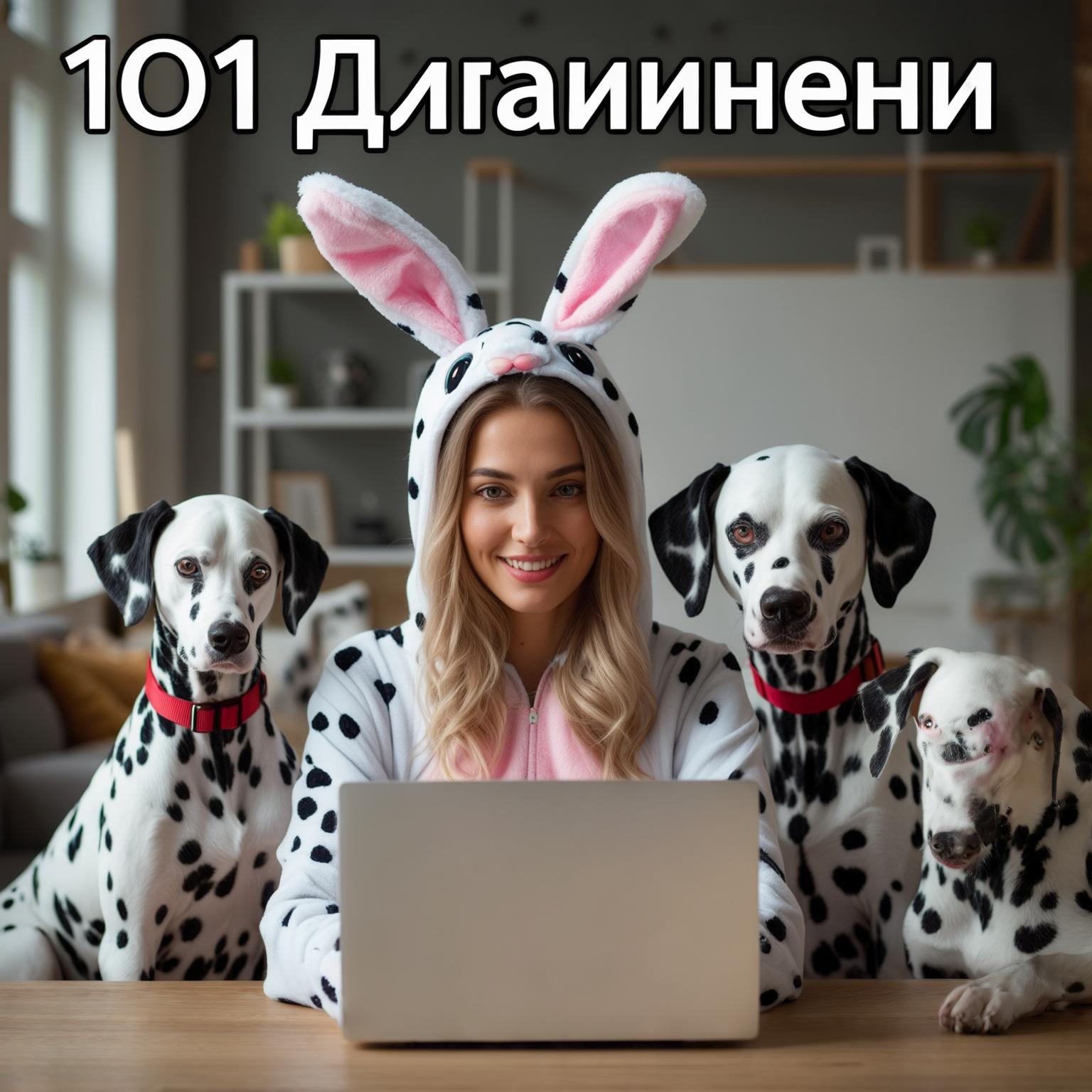 AI Image Generated by Luma Photon: красивая девушка сидящая за макбуком в костюме кролика в расцветке долматинца, а вокруг нее три долматинца и сверху заголовок 101 дизайнец