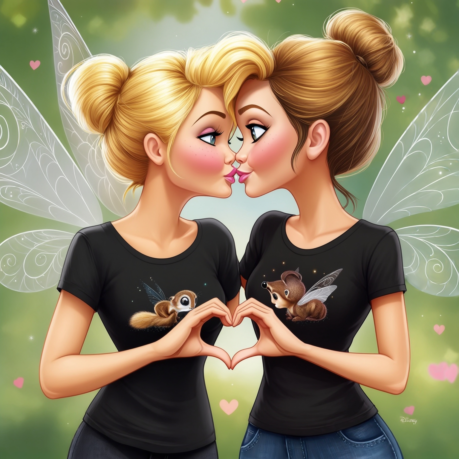 AI Image Generated by Luma Photon: Lesbiennes en t-shirt noir neo Fairy animal et tinkerbell faire un cœur avc leur deux mains être amoureuse et resté amoureuse pour toujours et s'embrasser sur la bouche dessin drawing Disney cartoon