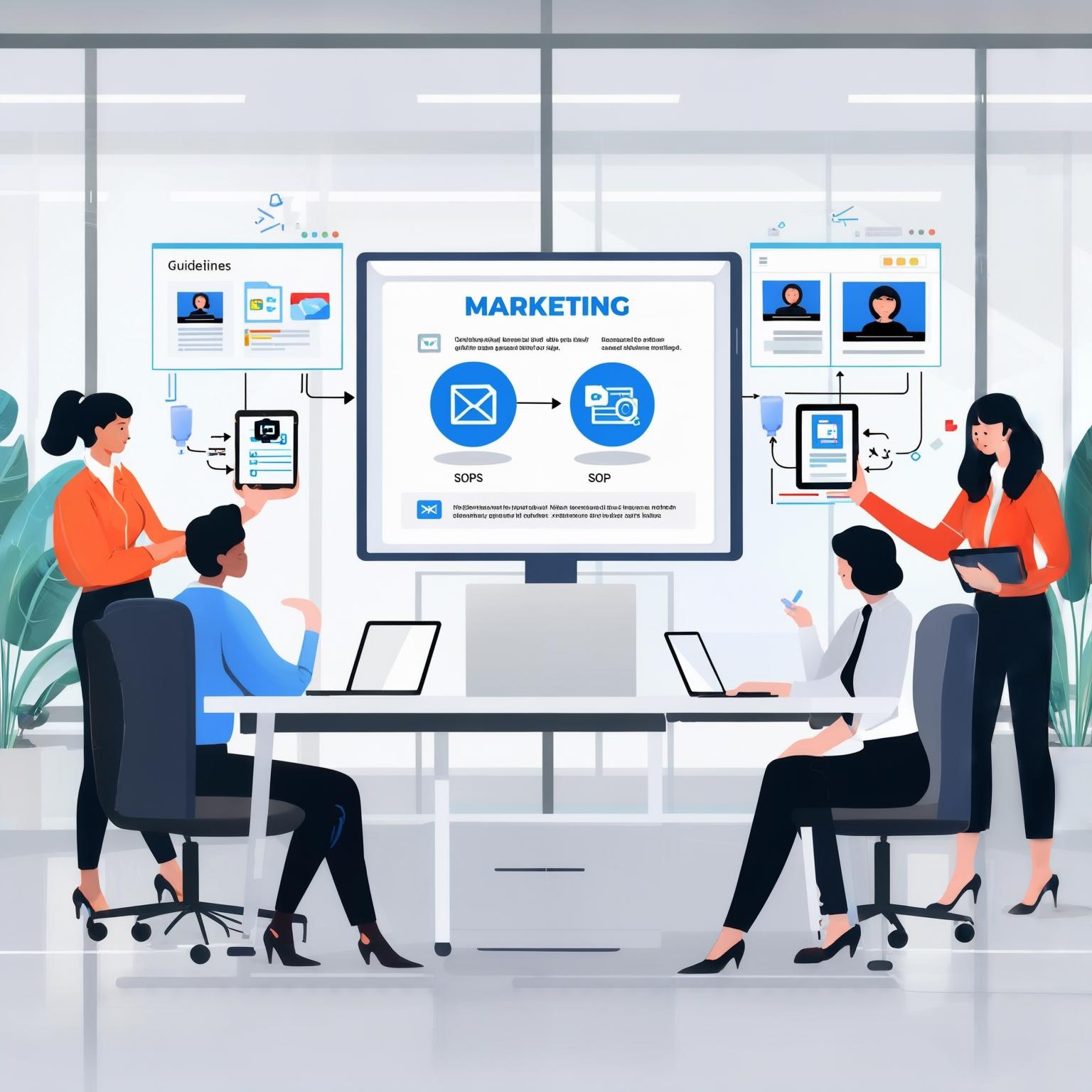 AI Image Generated by Luma Photon: photo about resources sharing for marketing staff at company, can be guidelines, SOP, file sharing, video instruction file sharing. use 插画