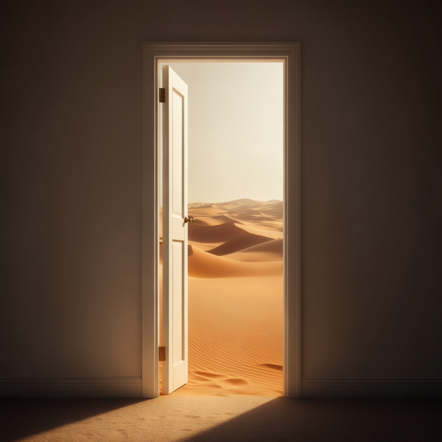AI Image Generated by Luma Photon: You are in a room with a wall and a half-open door in the front of the wall. Inside the door is a desert, and a small breeze is blowing in through the door. Realistic photo.