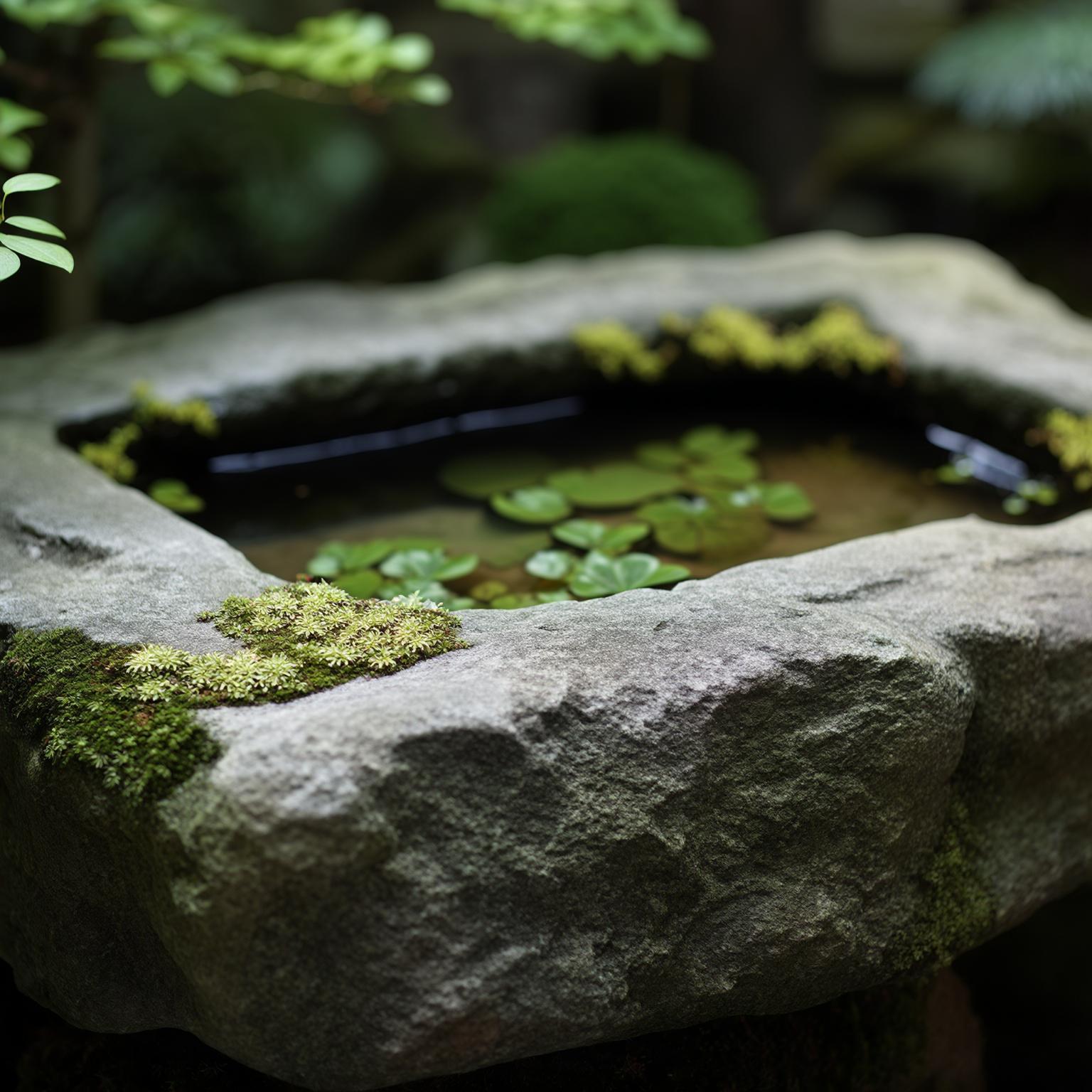 AI Image Generated by Luma Photon: a natural stone water basin in a japanese garden, there are liverworts (liverworths are moss that have tiny leaves that are distinctive) growing on the stone edge giving it a atmosphere of being old. closeup