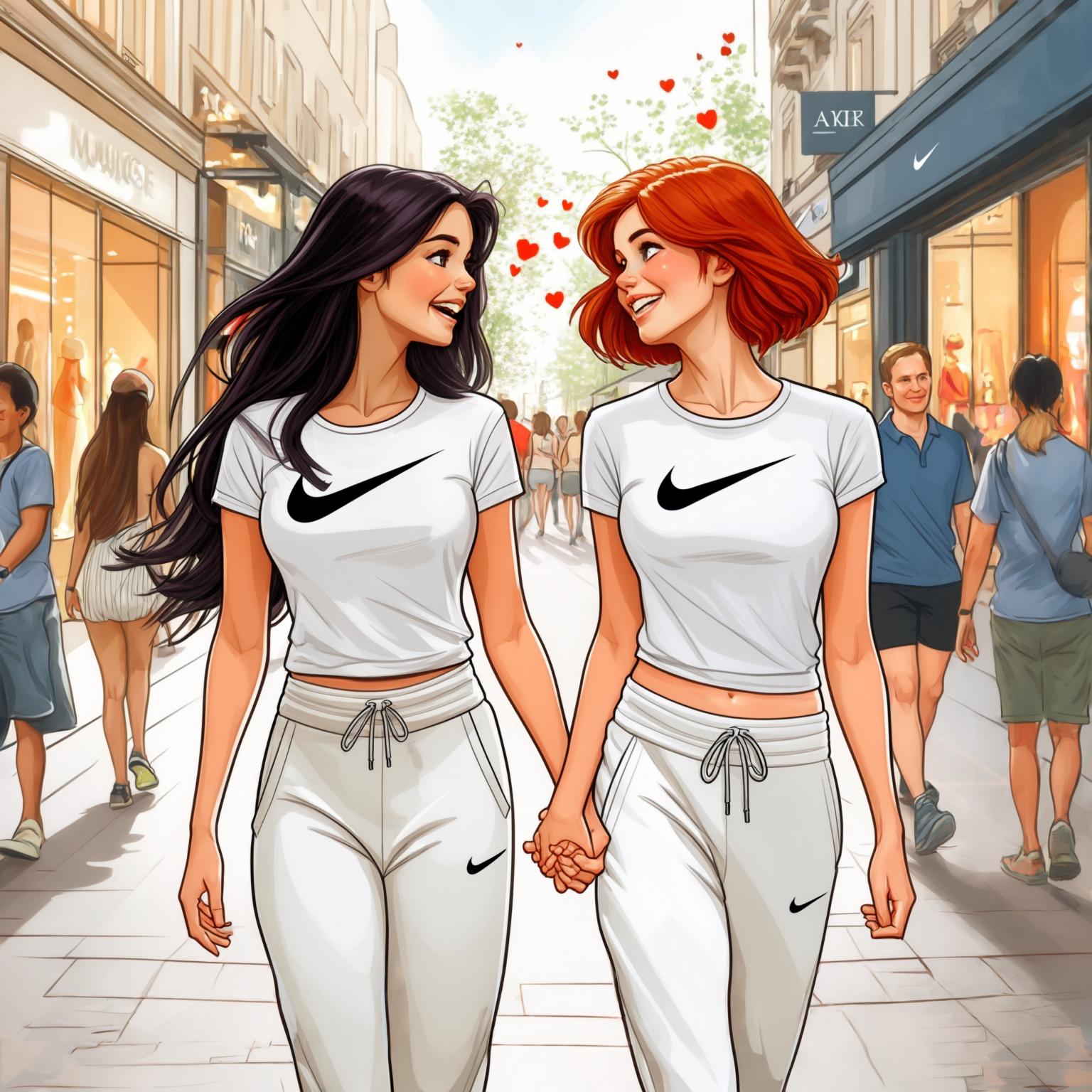 AI Image Generated by Luma Photon: Couple lesbiennes Tiana t Ariel en t-shirt blanc Nike et jogging blanc Nike faire du shopping styles drawing Disney