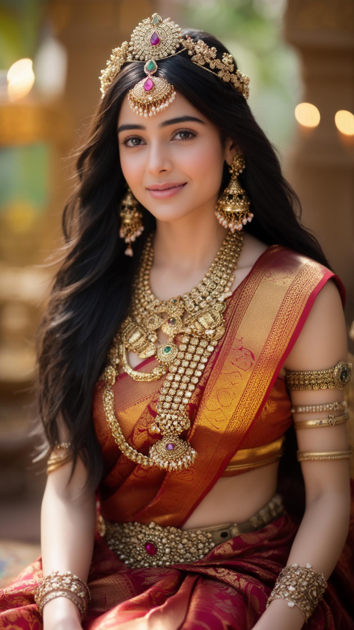 AI Image Generated by Luma Photon: A realistic image of a young Indian woman, possibly a royal figure, in a traditional and opulent setting. She is seated, facing the viewer with a slight, serene smile. She has fair skin, dark, long flowing hair, and wears elaborate gold jewelry. The jewelry includes a large, ornate crown (mukut) with gemstone accents, heavy, dangling earrings, a multi-layered necklace, armlets (bajuband), bracelets, and a jeweled belt (kamarband). Her attire is a richly embroidered, red and gold saree with intricate patterns. The background is softly blurred but suggests a golden, luxurious interior with some warm, diffused lighting, possibly from traditional lamps.natural outdoor lighting, high-quality DSLR photography