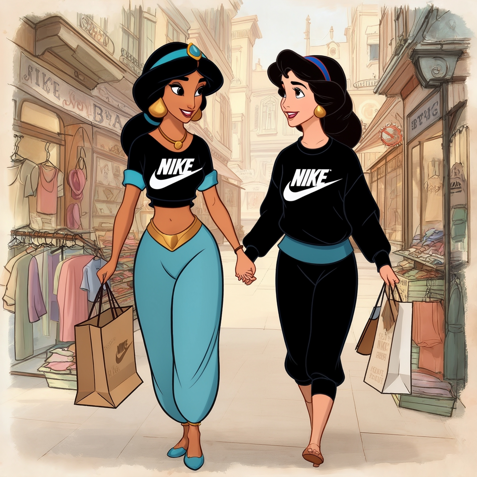AI Image Generated by Luma Photon: Two lesbians princess jasmine in sweat long sleeve black Nike and and princess snow white in sweat long sleeve black Nike and shopping clothe take hands view close styles drawing Disney style 1937s