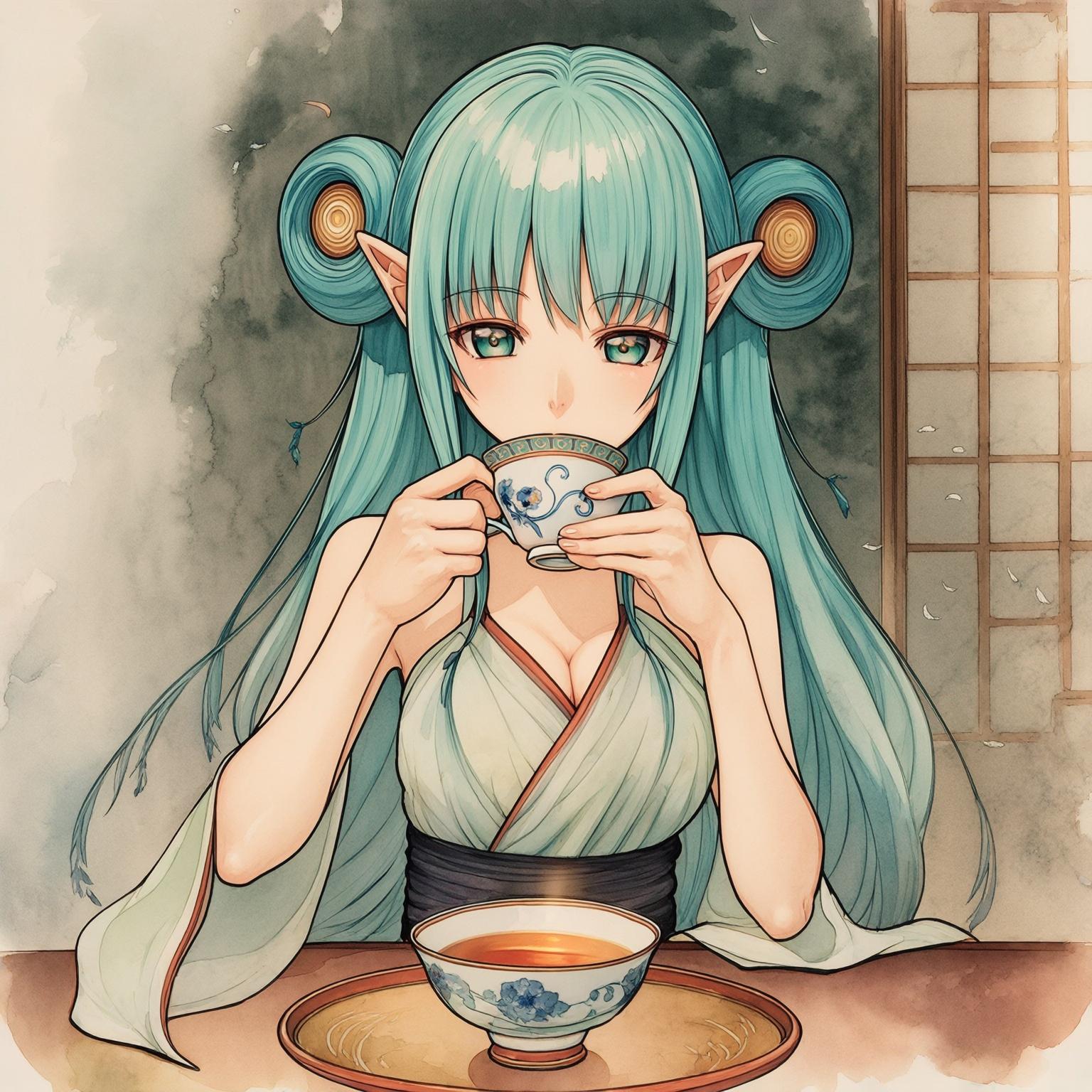 AI Image Generated by Luma Photon: Hatsune Miku drinks a cup of tea, by ZUN, touhou eosd, old touhou style