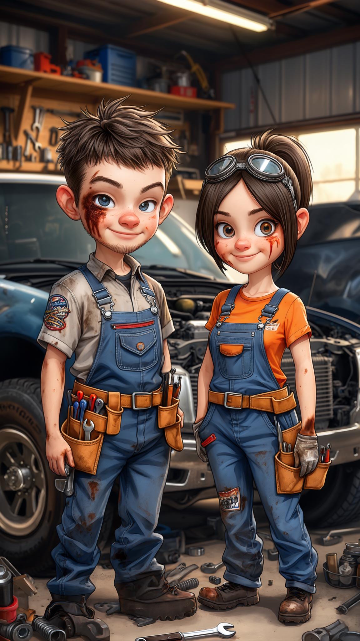 AI Image Generated by Luma Photon: 귀여운 정비사로 작은 남자, 작은 여자 만화 캐릭터를 만들어주세요.