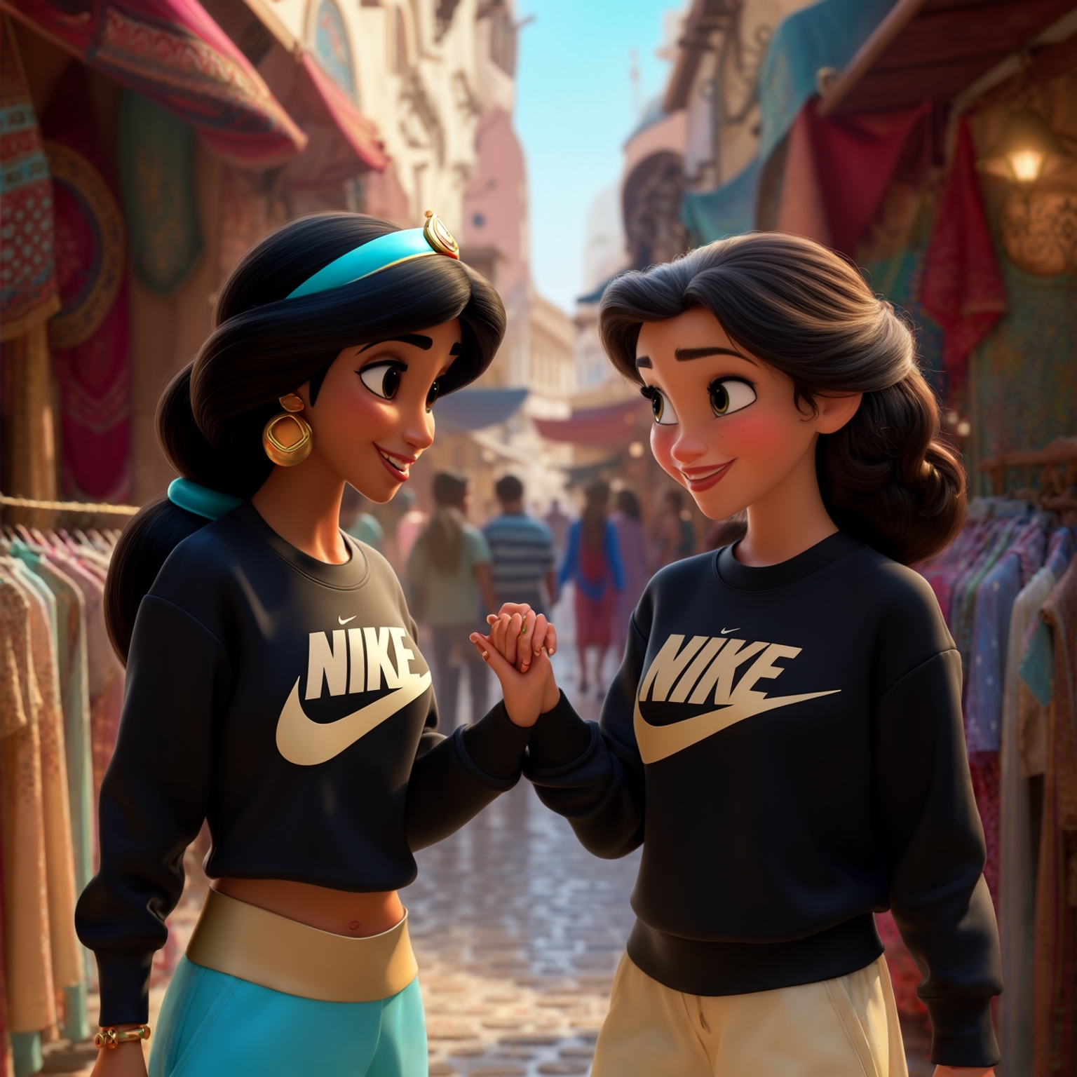 AI Image Generated by Luma Photon: Two lesbians princess jasmine in sweat long sleeve black Nike 2025s and and princess snow white in sweat long sleeve black Nike 2025s and shopping clothe take hands view close styles drawing Disney style 1937s