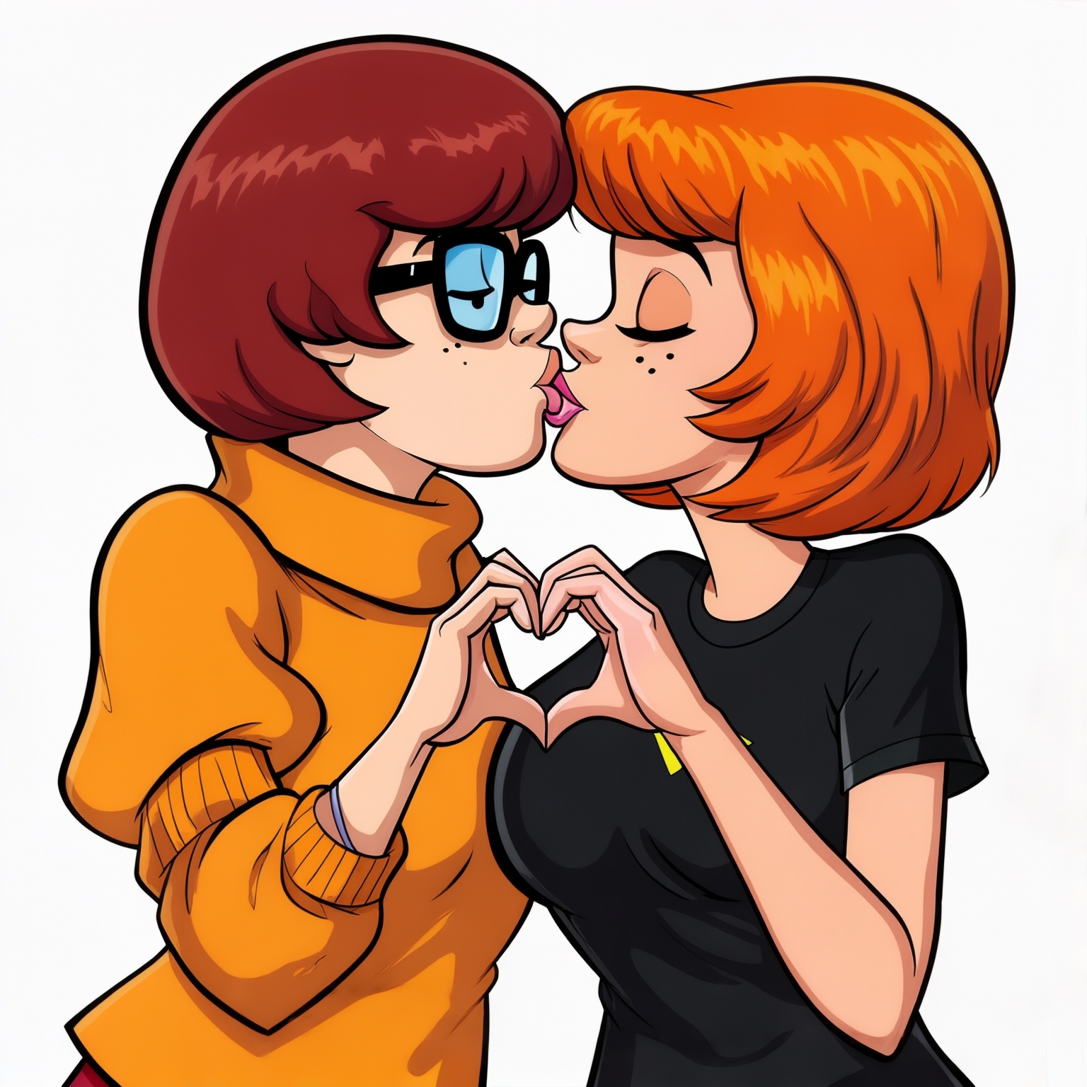 AI Image Generated by Luma Photon: Lesbiennes en t-shirt noir velma dinkley et Daphne Blake faire un cœur avc leur deux mains être amoureuse et resté amoureuse pour toujours et s'embrasser sur la bouche dessin drawing Scooby-doo woo are you hanna-barbera
