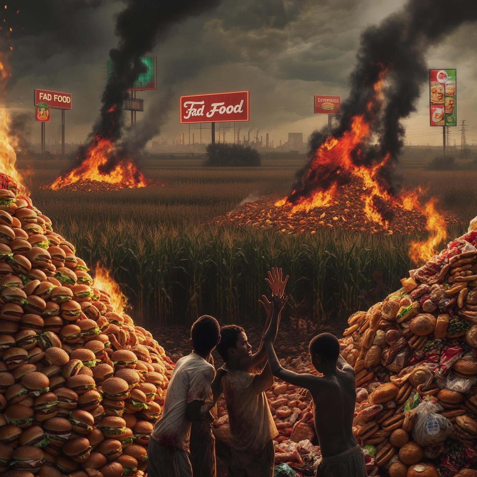 AI Image Generated by Luma Photon: create an image for a publicity camapaign about the sdo 12, using hyperbole, where a world dominated by big fast food comapnies and latifundiaries are burning tons of foods