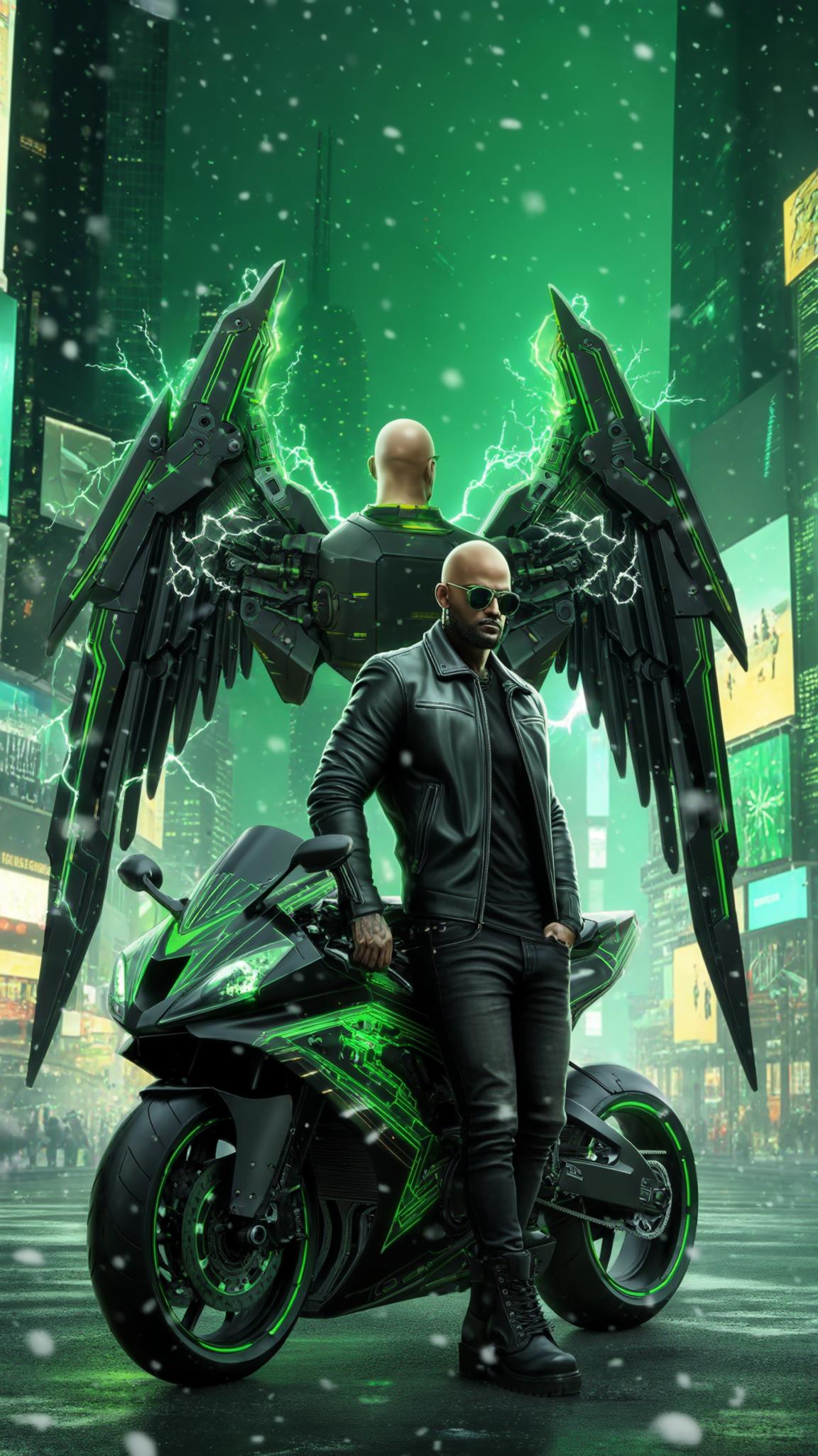 AI Image Generated by Luma Photon: A bald Dominican young man stands in the heart of a futuristic city, snowflakes drifting through the neon-lit skyline. Towering skyscrapers pulse with cybernetic energy, their holographic billboards flickering against a deep green sky. He wears a sleek black leather jacket, fitted black jeans, and heavy boots, his stance unwavering against the pre-dawn breeze. His polished sunglasses reflect the distant shimmer of patrol ships hovering above the metropolis.
Behind him, his massive cybernetic mecha wings are fully expanded—sleek black with vibrant green energy lines coursing through intricate mechanical joints. The wings pulse with raw power, their edges sharp and aerodynamic, humming with kinetic energy as arcs of white electricity crackle and dance across their surface.
He casually leans against his black-and-green mecha motorcycle, its aerodynamic frame glowing faintly with embedded circuitry. The camera captures him from a dramatic 45-degree angle, accentuating his imposing presence amidst the high-tech dystopia. The snowfall catches the neon light, creating a mesmerizing blend of motion and atmosphere, while the hum of the futuristic city thrums in the distance.