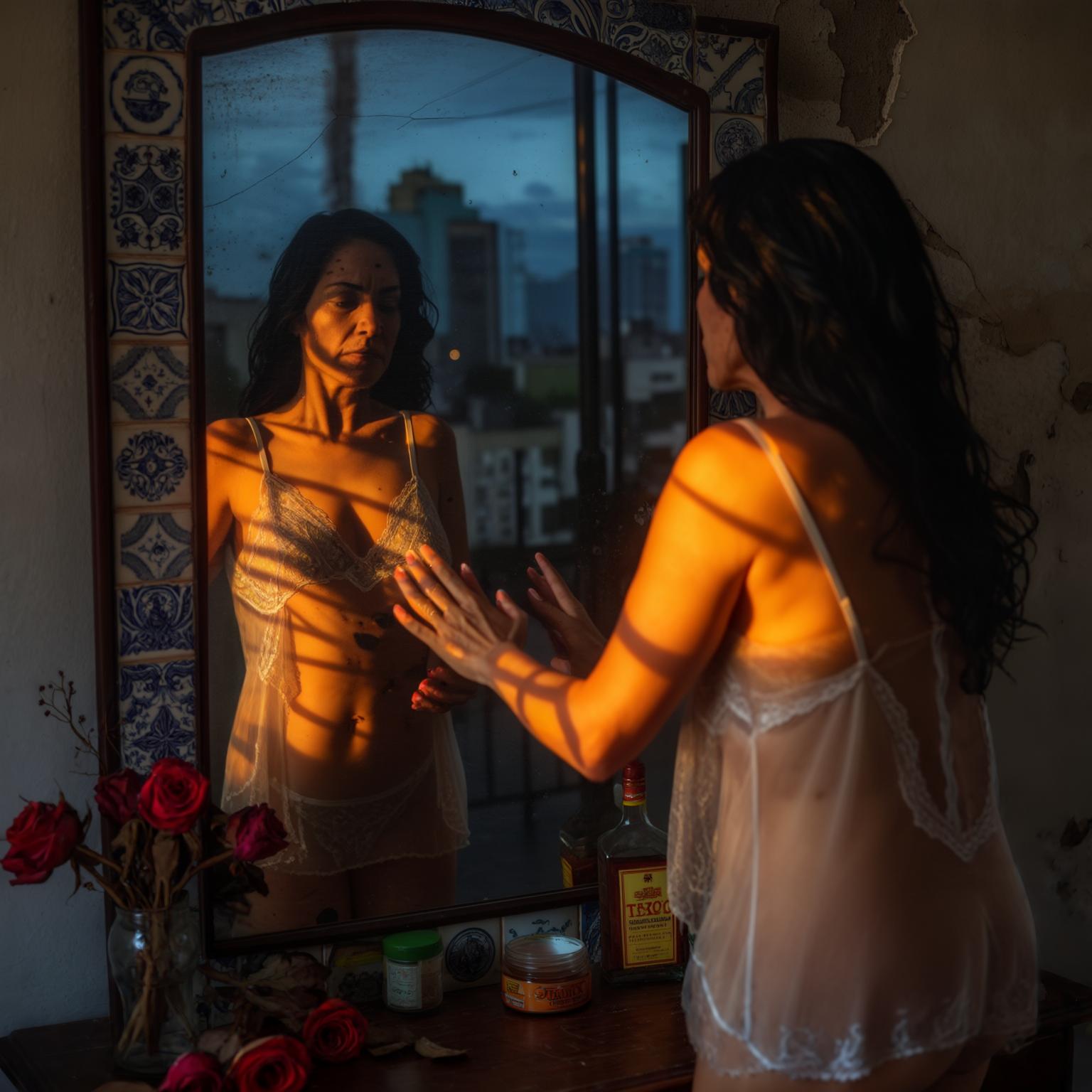 AI Image Generated by Luma Photon: "A hauntingly beautiful photograph of a 40-year-old Latina woman standing before a full-length mirror in a Mexico City apartment at dusk, wearing only a translucent chemise. The reflection shows her younger self being caressed by shadowy hands that fade into nothingness, while her present-day hands hover uncertainly over her own curves. The mirror frame is ornate Mexican talavera tile, cracked at the corner where a wedding photo once hung. Warm golden light from street lamps below creates dramatic stripes across her body - illuminated sections showing self-touch, shadowed areas highlighting neglected zones. On the dresser: dried roses, a half-empty bottle of tequila, and an open jar of crema de cacao. Shot with a vintage 85mm lens at f/1.8 to blur the background's colonial architectural details while keeping skin textures hyper-realistic. Color palette: burnt oranges, deep blues and warm flesh tones with a subtle film grain evoking 70s Mexican cinema."
Key Symbolic Elements:
Translucent fabric representing vulnerability/visibility
Fading shadow hands = memory of past intimacy
Talavera mirror frame = cultural identity
Striped lighting = divided self-perception
Crema de cacao = sensual reawakening
Technical Specifications:
Style: Magical realism meets contemporary erotic portraiture
Lighting: Practical warm sources with chiaroscuro effect
Color Grade: Analog film look (Kodak Ektachrome)
Composition: Mirror creates natural frame within frame
Details: Enhanced skin texture, slight lens distortion for emotional effect
Cultural References:
Mexico City urban apartment aesthetic
Talavera pottery patterns
1970s Mexican melodrama visual tone
Traditional crema de cacao as sensual metaphor
Colonial architecture in bokeh background