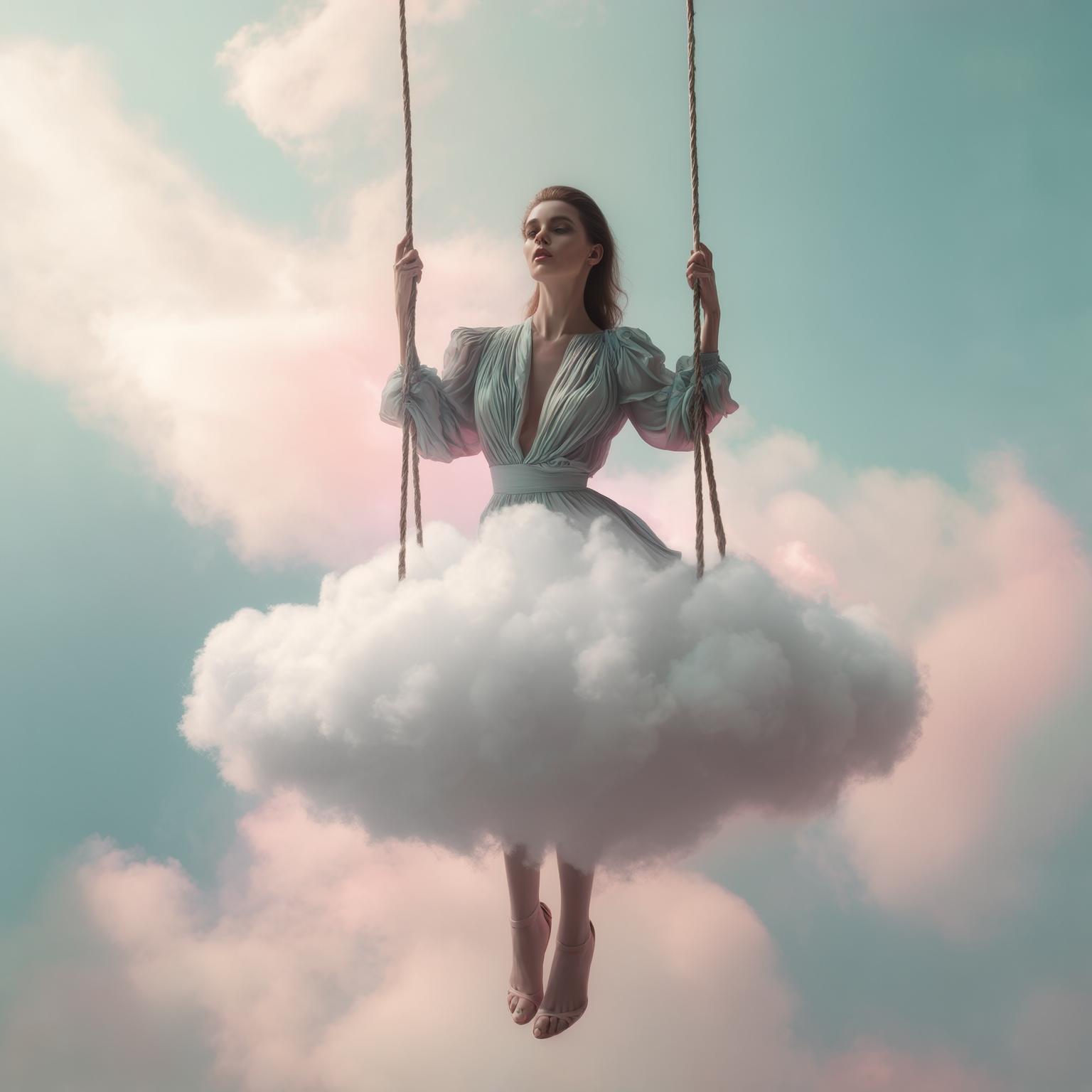 AI Image Generated by Luma Photon: A realistic photo-style surreal portrait, soft dreamy atmosphere. A high-fashion woman with strong bone structure and pale skin swings from a fluffy white cloud. Artistic lighting features hazy soft light, emphasizing a surreal and ethereal aesthetic.