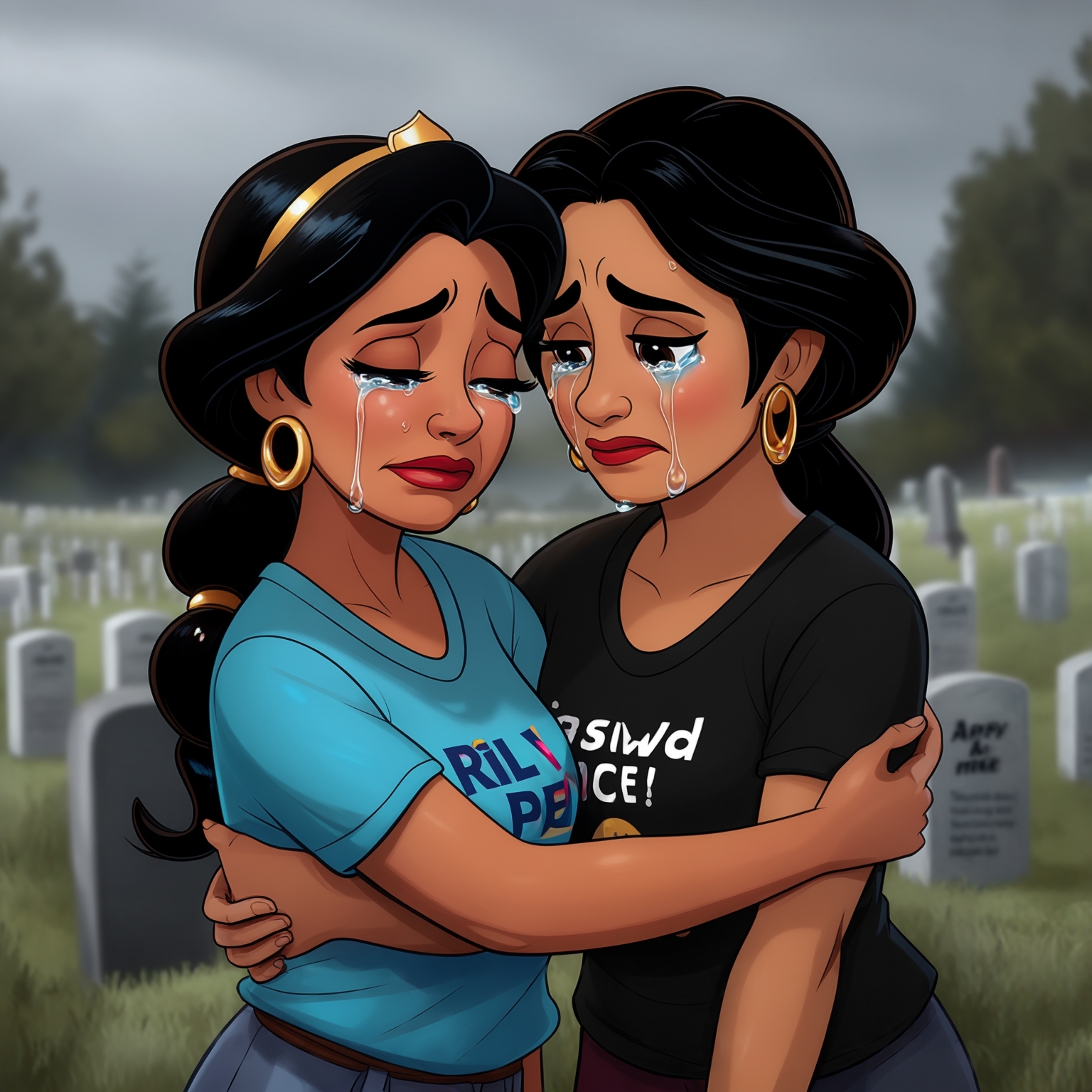 AI Image Generated by Luma Photon: Two Lesbians princess jasmine in t-shirts confort Happy hug stick princess Snow White in t-shirts black Burst into tears Crying Wail hug the arms princess jasmine rip Parents cemetery funeral styles drawing Disney et cartoon