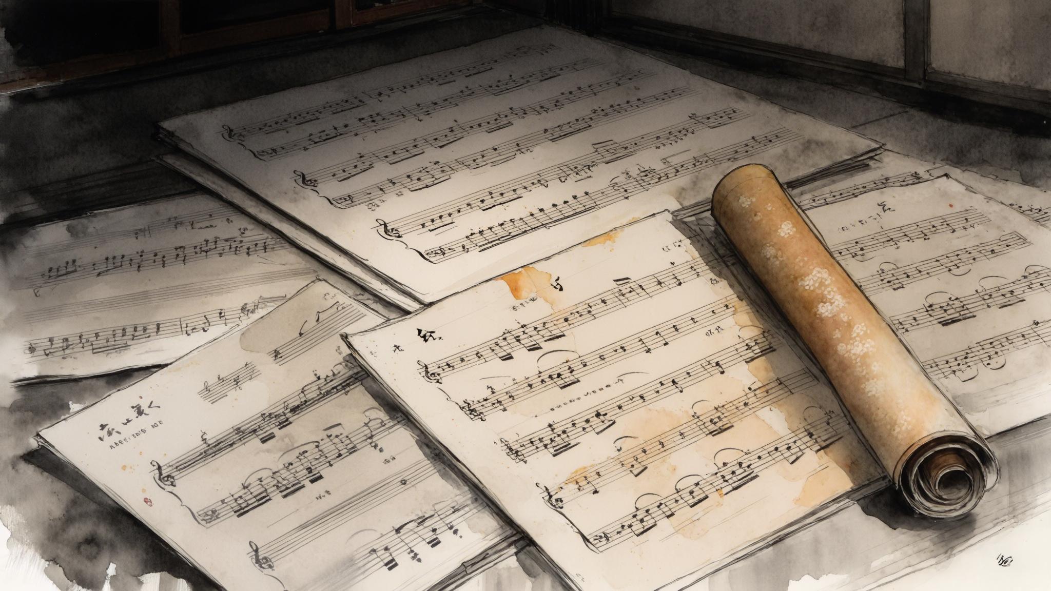 AI Image Generated by Luma Photon: Japan, second half of the 19th century. The Boshin War is underway. The Geisha school in Kyoto. Japanese music room. Close up view on scattered music sheets. Between the music sheets lies a rolled scroll. Watercolor style, all objects in dark tones. For some parts use colors: #92011A, #3D6E3E, #013857, #FFE0DF