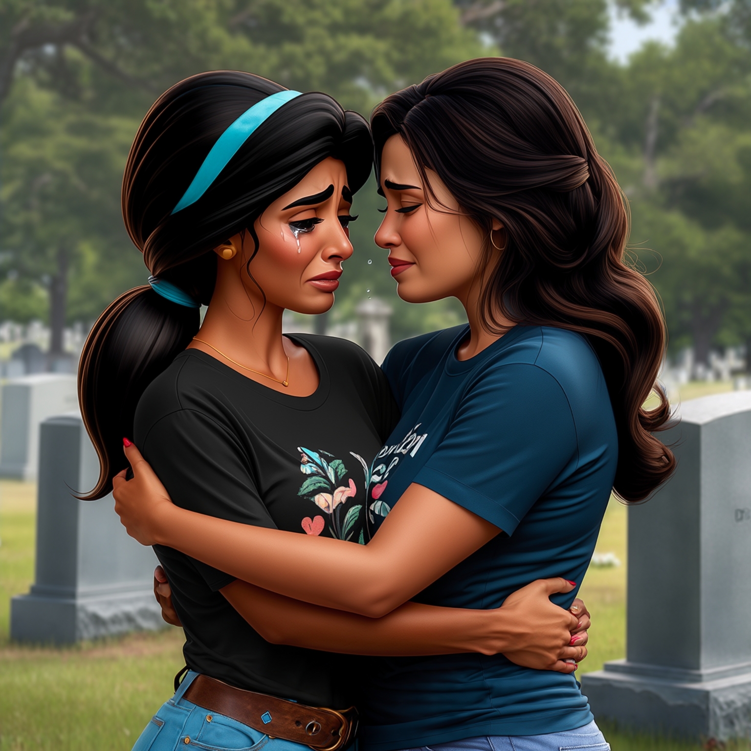 AI Image Generated by Luma Photon: Two Lesbians princess jasmine in t-shirts confort Happy hug stick princess Snow White in t-shirts black Burst into tears Crying Wail hug the arms princess jasmine rip Parents cemetery funeral styles drawing Disney et cartoon