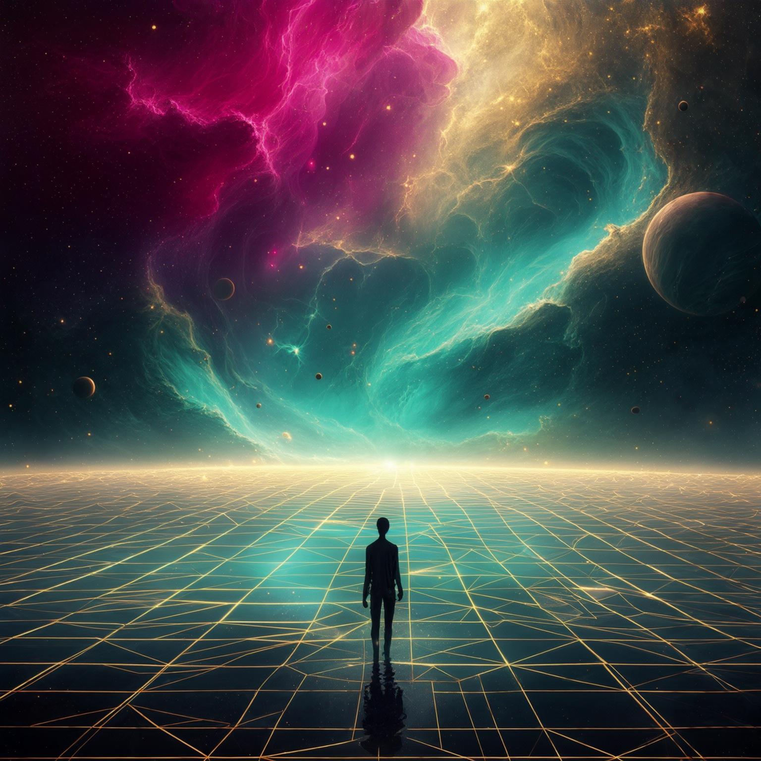 AI Image Generated by Luma Photon: A digital art piece capturing a lone figure standing at the edge of a cosmic abyss, rendered in a surreal and dreamlike style. The figure is silhouetted against a backdrop of swirling nebulas and vibrant, otherworldly colors, creating a sense of mystery and wonder. The abyss is depicted as a geometric grid, stretching into the depths of space, with celestial bodies scattered around it. The overall composition is reminiscent of Roger Dean's album art, blending elements of fantasy and science fiction. The artwork should be highly detailed and rendered in 8k resolution