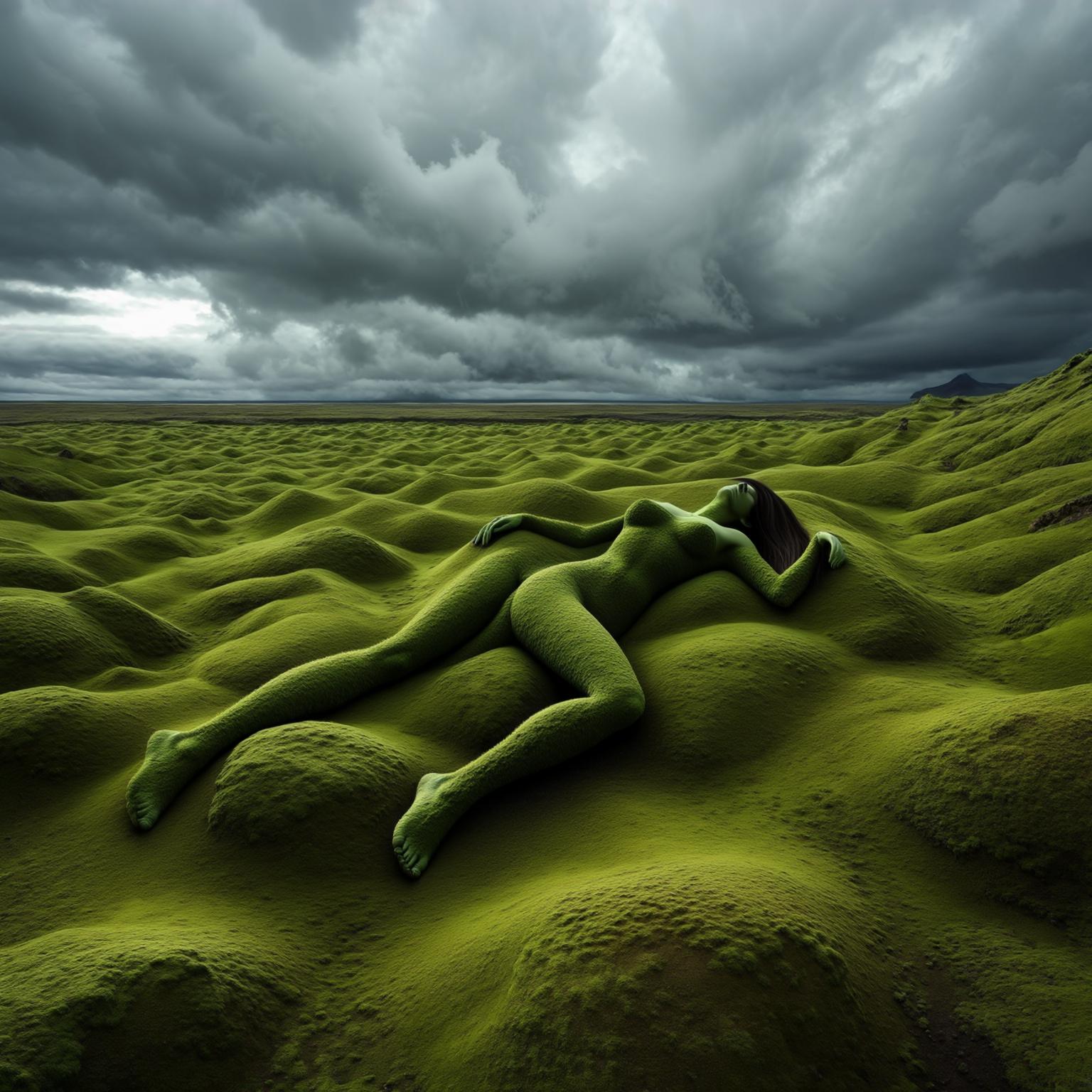 AI Image Generated by Luma Photon: photorealistic grassy iceland hills in shape of female lying on back, hills make shape of body, stormy clouds