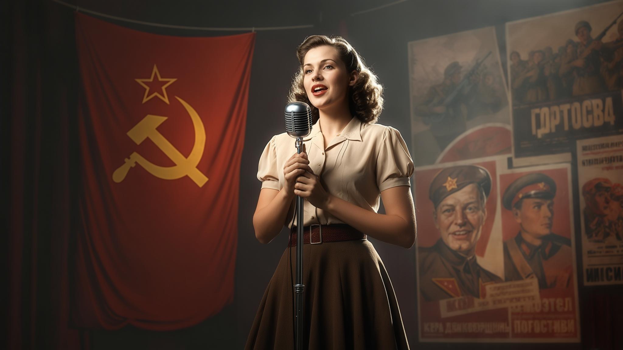 AI Image Generated by Luma Photon: Фотография в стиле советской эпохи. Сцена с певицей 1940-х годов. Одежда: юбка-миди, блузка. На заднем плане четко виден флаг СССР и агитационные плакаты военных лет. Освещение от софитов. В руках у певицы старый микрофон. Стиль: ретро-фотография.