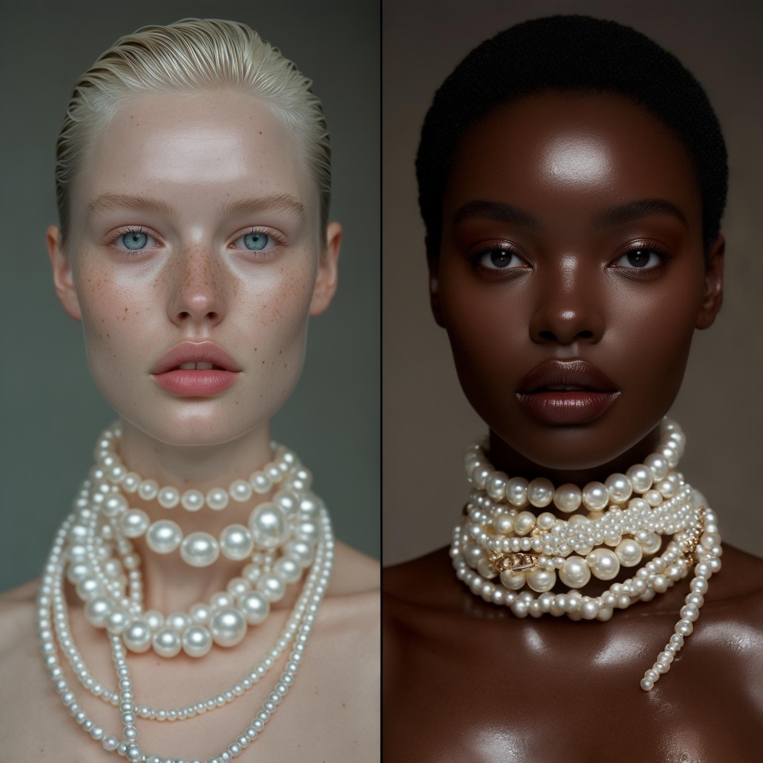 AI Image Generated by Luma Photon: Fashion portrait of two elegant women standing side by side. One was a white woman with cool eyes, slicked-back blonde hair, freckles on her face and smooth lips. The other teacher was a black woman with deep eyes, glossy black hair and smooth lips. Both wore lavish pearl jewelry, including oversized pearl chains and layered pearl necklaces. Skin texture is clearly visible. masterpiece. High Definition Details. Best Quality.