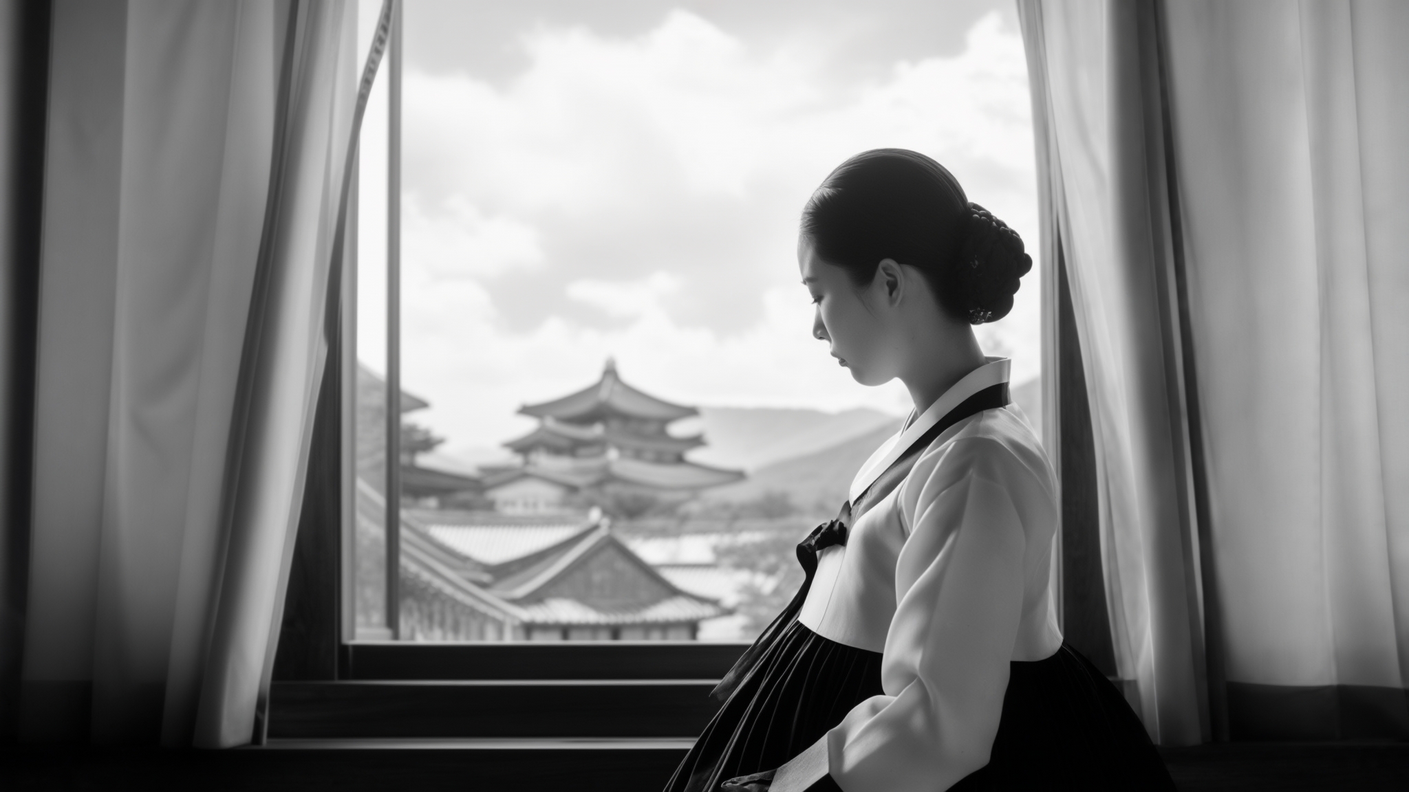 AI Image Generated by Luma Photon: 전통 한복을 입은 여성이 창문 옆에 서 있습니다. 그녀는 손을 모으고 고개를 살짝 숙인 채로, 외부의 경치를 바라보고 있습니다. 창문 너머에는 전통적인 건물이 보이고, 그 뒤로 흐릿한 구름과 경치가 어우러져 있습니다. 전체적인 분위기는 고요하고, 여성이 서 있는 모습은 우아함과 함께 깊은 사색에 잠긴 듯한 느낌을 줍니다. 그림은 흑백 톤으로 그려져 있어, 전통적인 느낌을 강조하고 있습니다